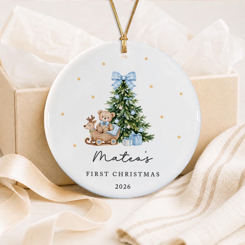 Baby Girl Bear Circle Ceramic Ornament