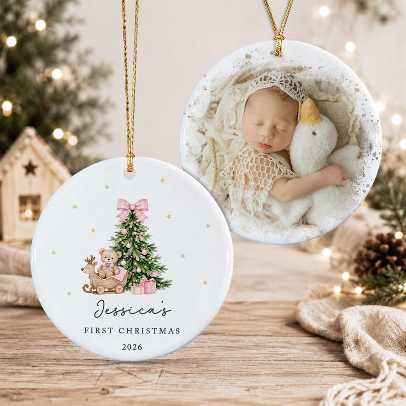 Baby Girl Bear Circle Ceramic Ornament