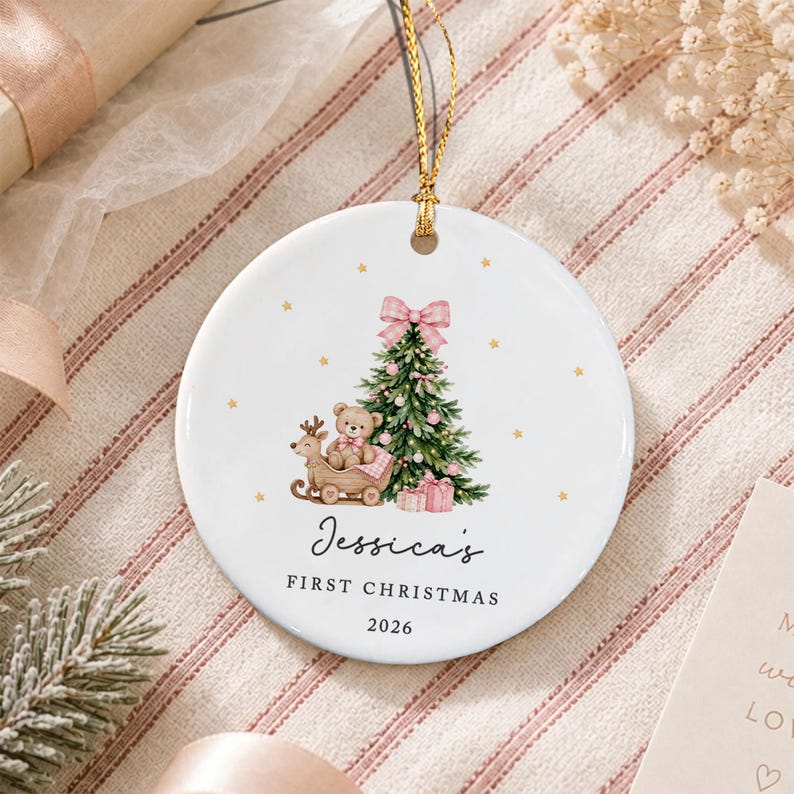Baby Girl Bear Circle Ceramic Ornament