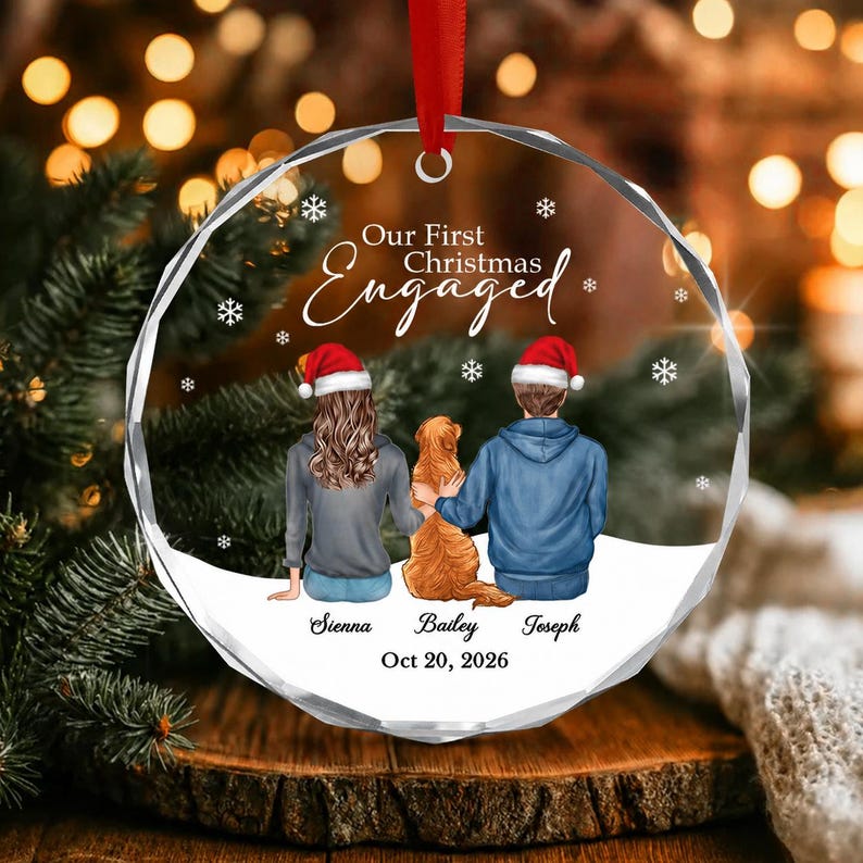 First Christmas Engaged Couple & Dog Ornament