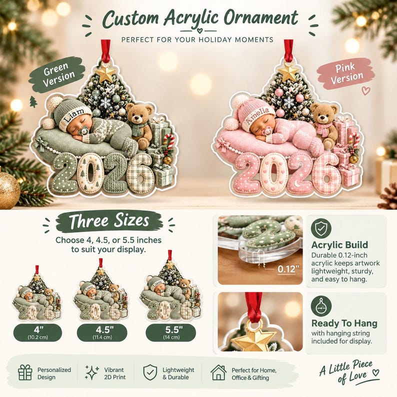 Custom acrylic ornaments featuring a sleeping baby in a knit hat and outfit, a teddy bear, a Christmas tree, and the year 2026.