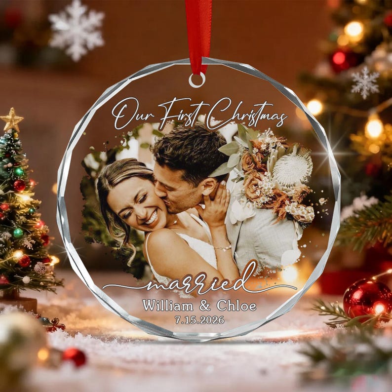 First Married Christmas Photo Glass Ornament