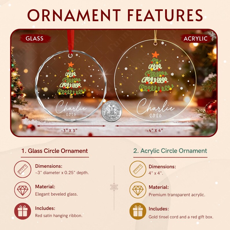 Two circular Christmas ornaments featuring a hand-drawn style tree graphic with the text 'Charlie 2026'. The left ornament is beveled glass measuring 3 inches by 3 inches with a red ribbon.