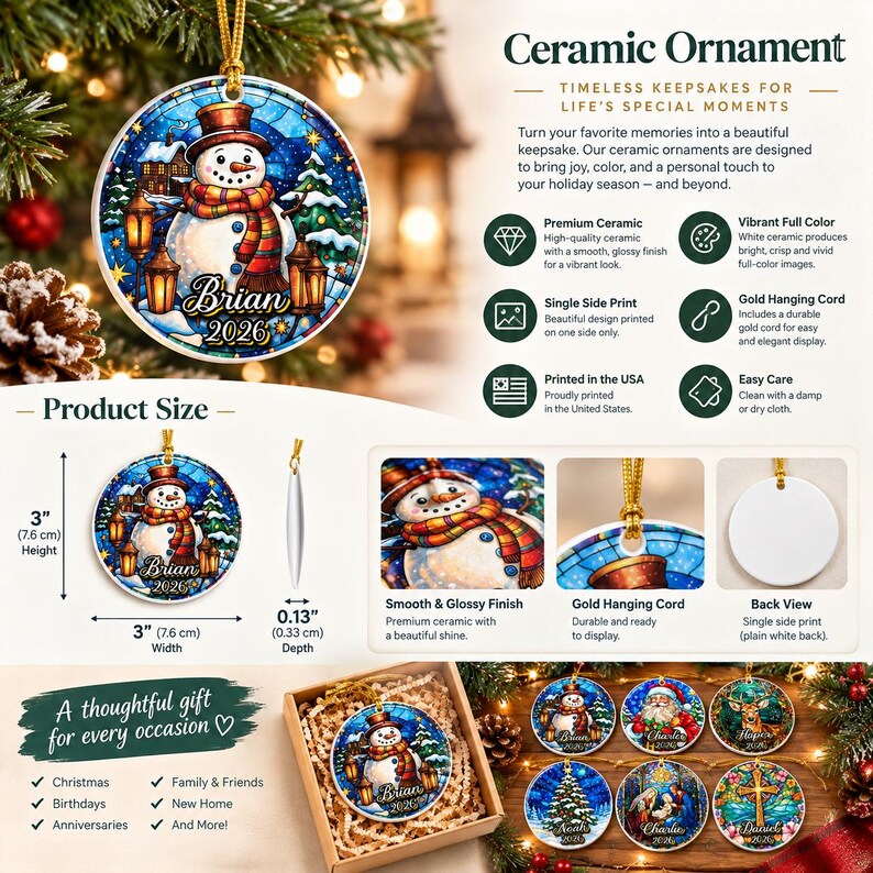 A round white ceramic ornament featuring a colorful snowman illustration with a top hat and scarf, personalized with the name Brian and the year 2026. It measures 3 inches in height, 3 inches in width, and 0.13 inches in depth.