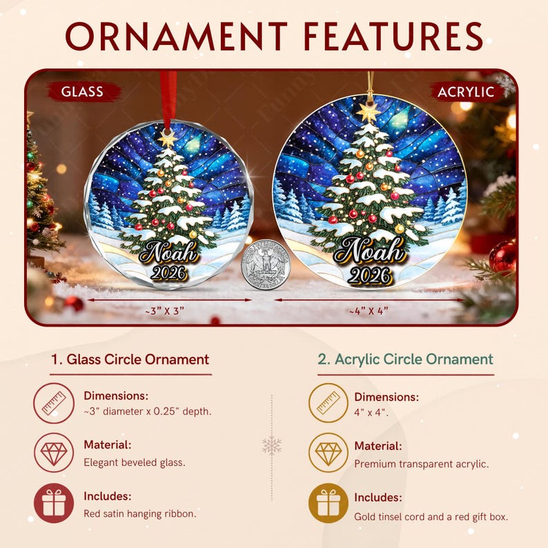 Two round Christmas ornaments featuring a snowy tree under a starry night sky with the text Noah 2026.