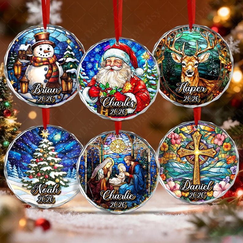 Stained Glass Style Kid Name & Year Ornament