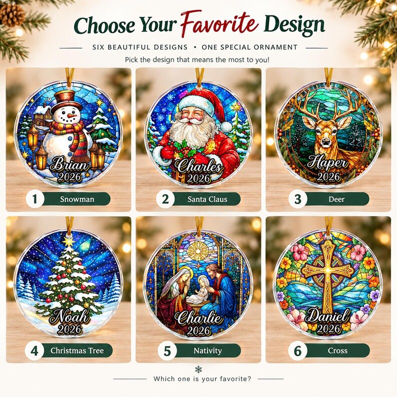 Six circular Christmas ornaments featuring stained glass style illustrations of a snowman, Santa Claus, a deer, a Christmas tree, a nativity scene, and a cross.