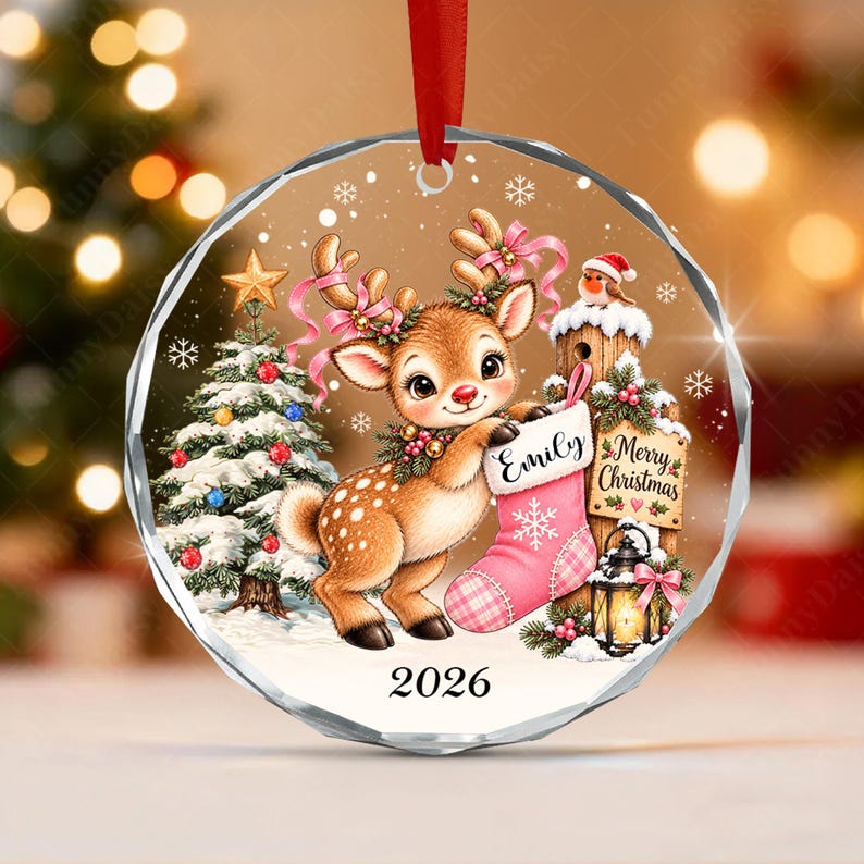 Baby Reindeer Kid Name Glass Ornament