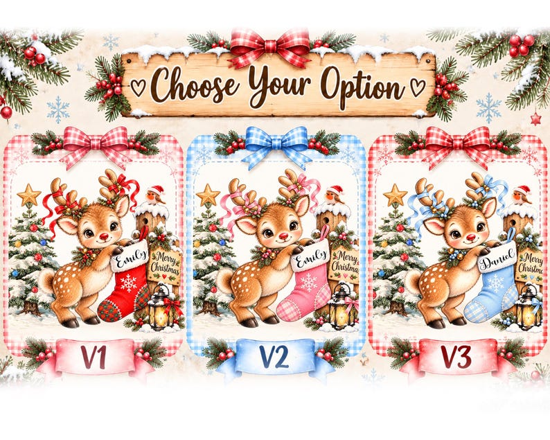 A digital illustration featuring three options of a cartoon reindeer holding a Christmas stocking. Each option displays a different color scheme: red, pink, and blue.