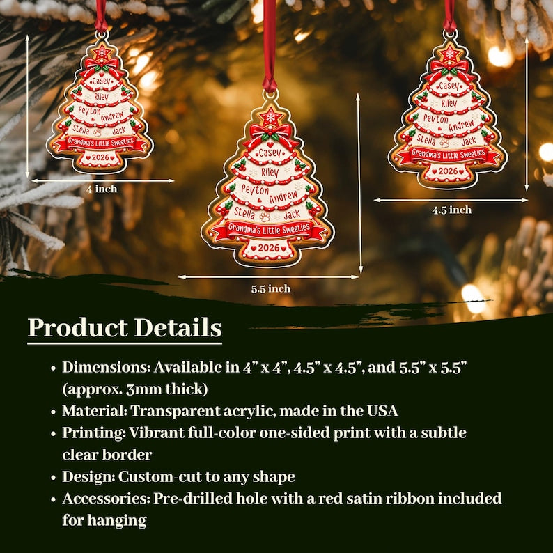 Three Christmas tree-shaped ornaments with red ribbons, featuring white banners printed with names Casey, Riley, Peyton, Andrew, Stella, Jack, and the text Grandma's Little Sweeties 2026. Sizes are 4, 4.5, and 5.5 inches wide.