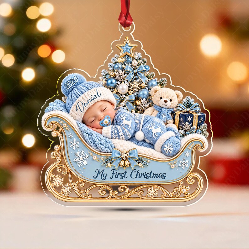Sleeping Baby Sleigh Acrylic Name Ornament