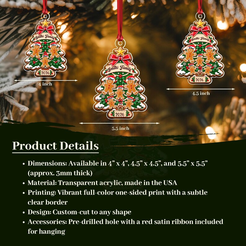 Three Christmas tree-shaped ornaments featuring gingerbread characters, a red bow, and the text 'Smiths Family' and '2026'.