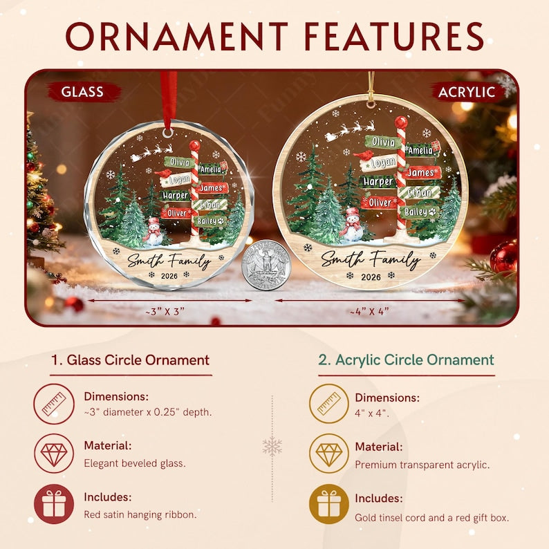 Two round Christmas ornaments, one glass and one acrylic, featuring a North Pole signpost with names, a snowman, and pine trees. The text reads Smith Family 2026.