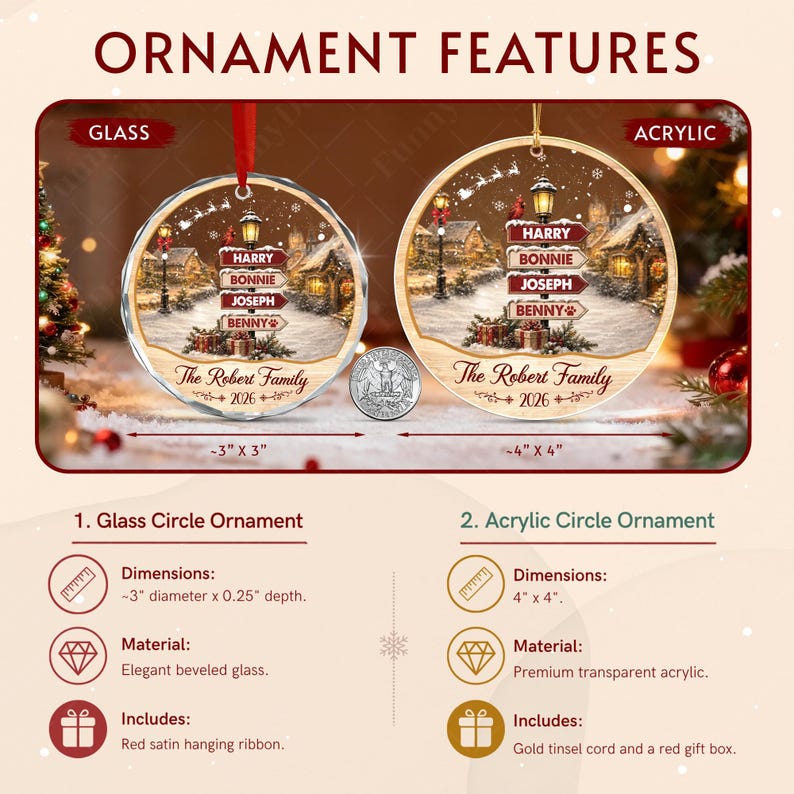 Two circular ornaments, one glass and one acrylic, featuring a winter village scene with a street sign displaying the names Harry, Bonnie, Joseph, and Benny, plus the text The Robert Family 2026.