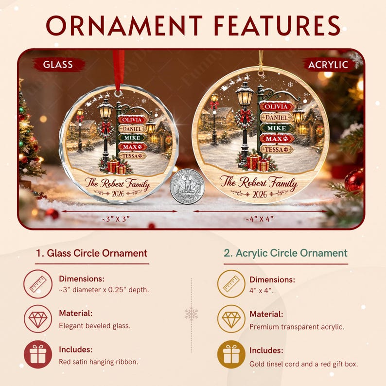 Two round Christmas ornaments, one glass and one acrylic, featuring a winter street lamp scene with five personalized name signs, the text The Robert Family 2026, and a US quarter for scale.