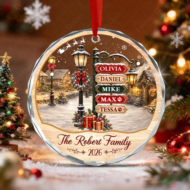 Family Sign Vintage Village Glass Ornament