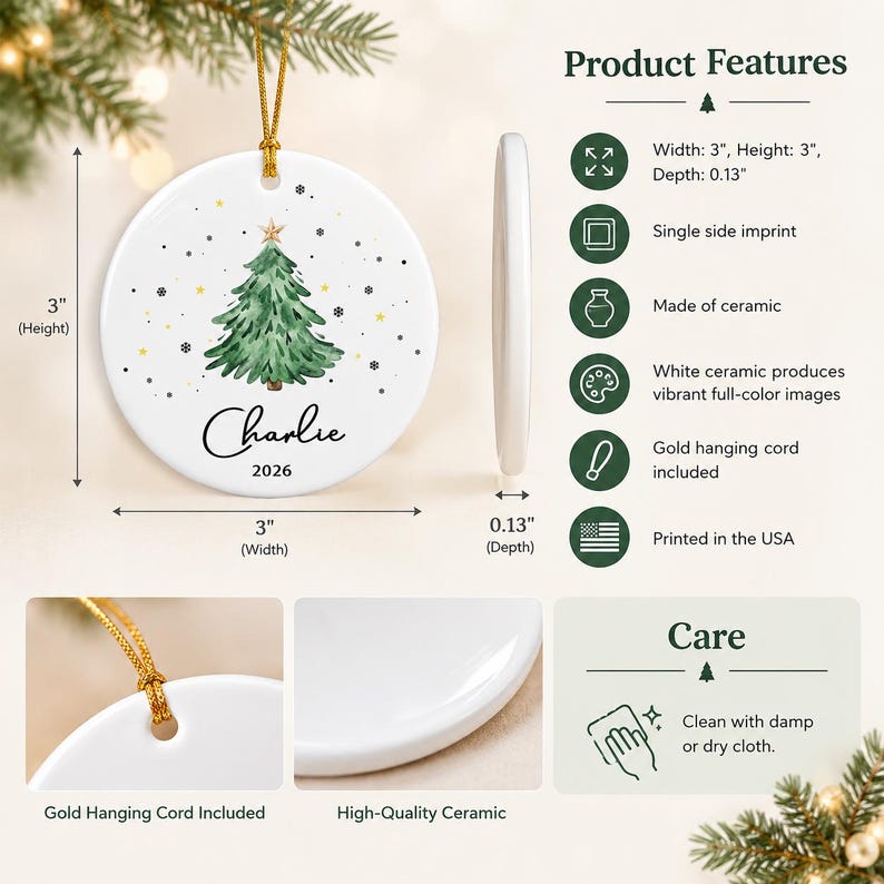 A round white ceramic Christmas ornament featuring a green watercolor pine tree, a gold star, and the text Charlie 2026. It includes a gold hanging cord and measures 3 inches in width, 3 inches in height, and 0.13 inches in depth.
