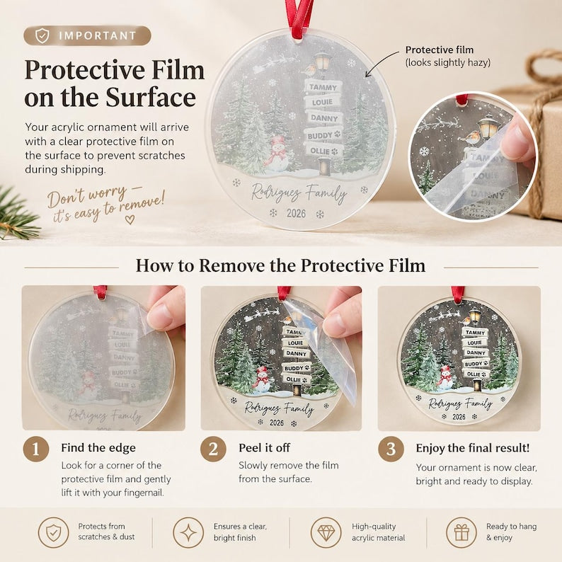 A round acrylic Christmas ornament featuring a winter scene with a signpost, a snowman, and pine trees. The text reads 'TAMMY', 'LOUIE', 'DANNY', 'BUDDY', 'OLLIE', 'Rodriguez Family', and '2026'.