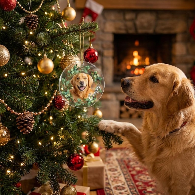 A clear circular Christmas ornament hanging on a tree, featuring a printed image of a golden retriever surrounded by a green leafy wreath and the name Cooper written in white script lettering on the right side of the ornament.