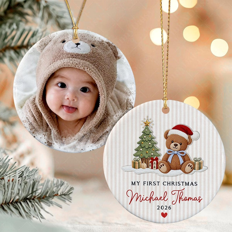 Baby Girl Teddy Bear Tree Ceramic Ornament