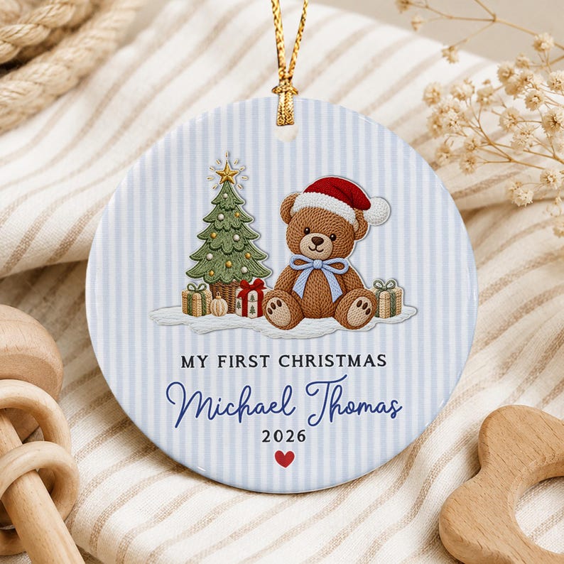 Baby Girl Teddy Bear Tree Ceramic Ornament