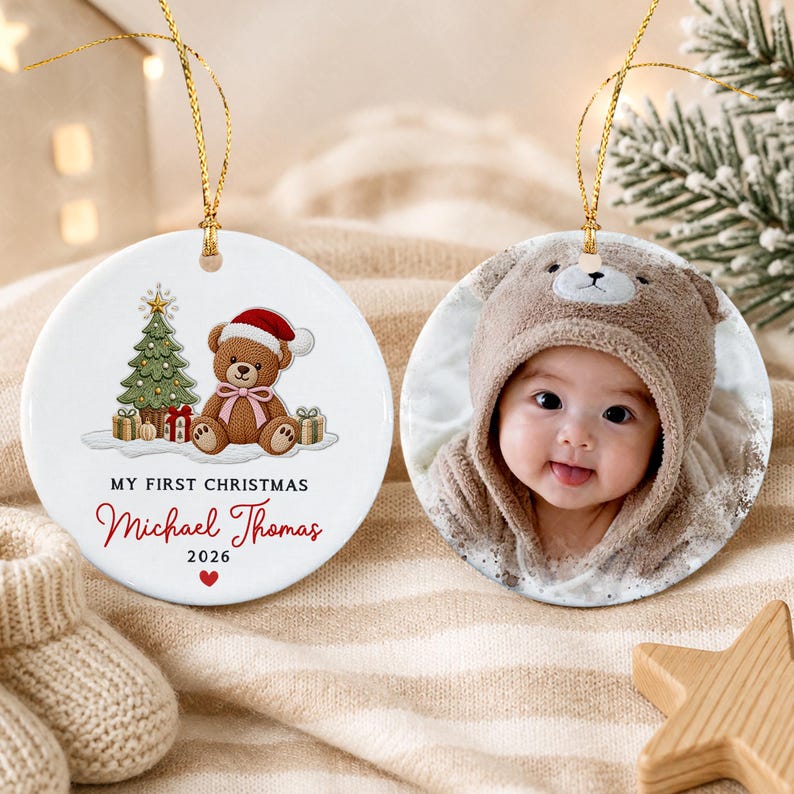Baby Girl Teddy Bear Tree Ceramic Ornament