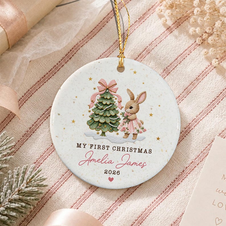 Baby Girl Bunny Circle Ceramic Ornament