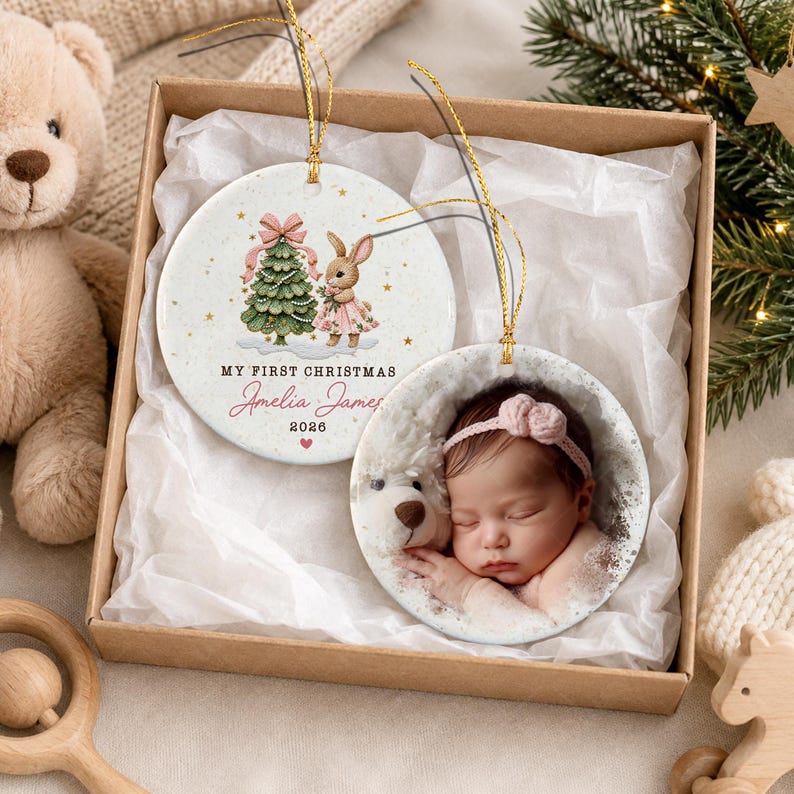Baby Girl Bunny Circle Ceramic Ornament