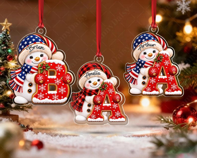 Patriotic Snowman Monogram Acrylic Ornament