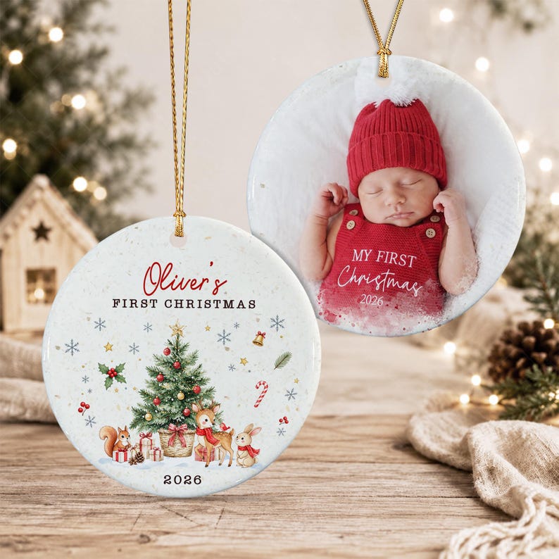 Woodland Baby Photo Name & Year Ornament