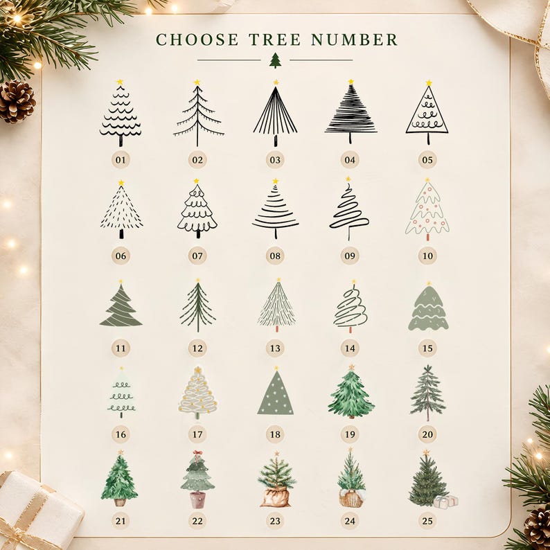 A rectangular chart titled CHOOSE TREE NUMBER featuring twenty-five distinct illustrated Christmas tree designs arranged in a grid.