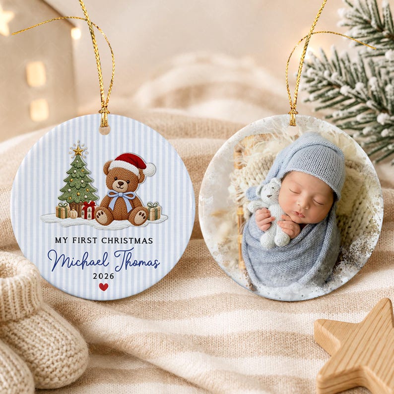 Baby Girl Teddy Bear Tree Ceramic Ornament