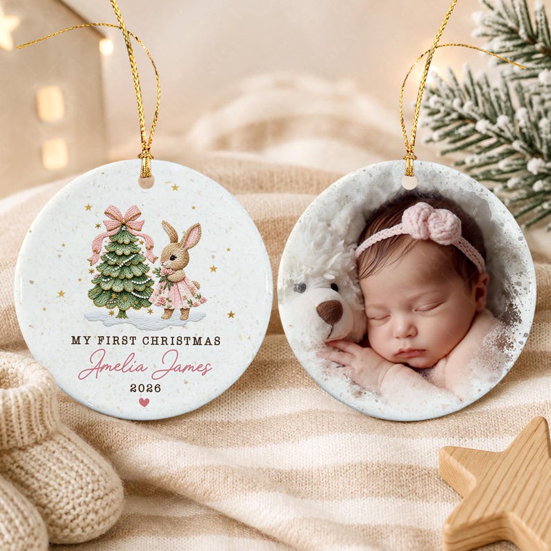 Baby Girl Bunny Circle Ceramic Ornament