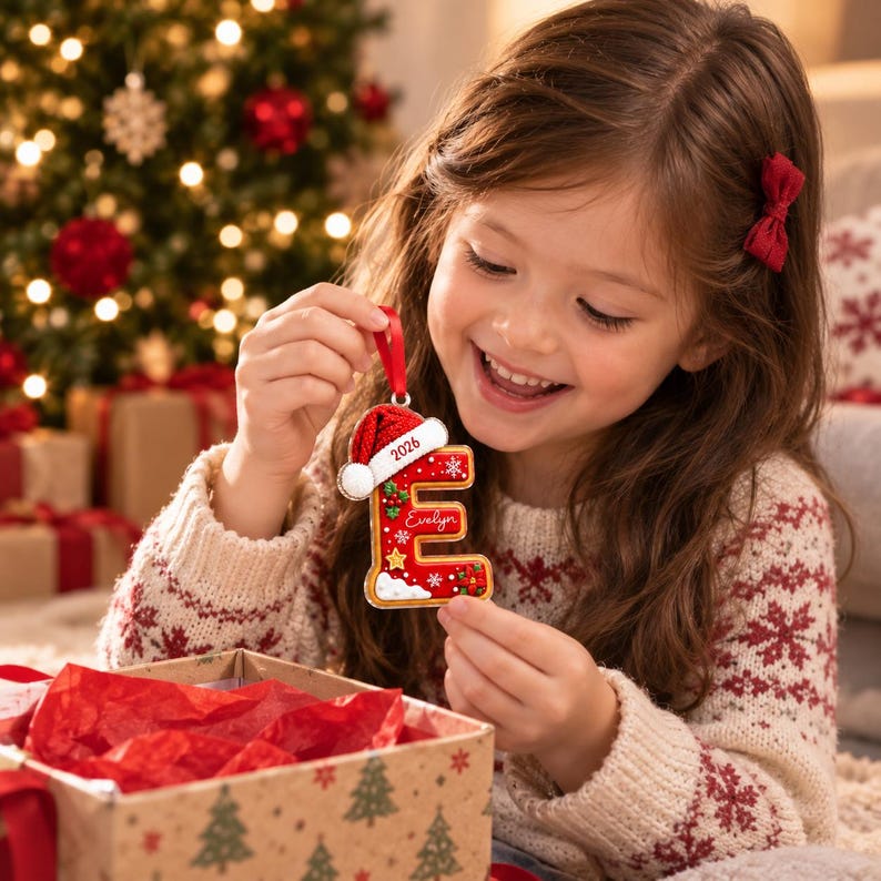 A red Christmas ornament shaped like the letter E, featuring a white trim, a small red Santa hat, and green holly accents. The ornament is printed with the year 2026 and the name Evelyn in white script, suspended by a red ribbon.