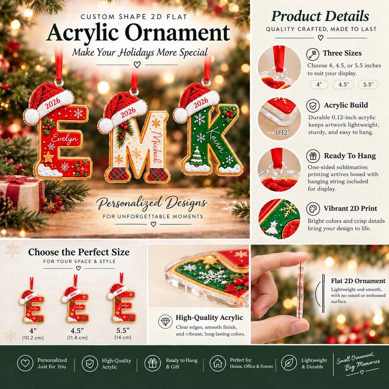 Custom shape 2D flat acrylic ornaments featuring letter designs with red Santa hats, the year 2026, and personalized names.