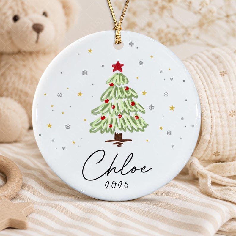 Watercolor Tree Kid Name Ceramic Ornament