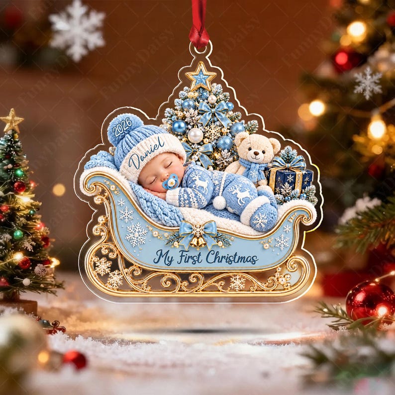 Sleeping Baby Sleigh Acrylic Name Ornament
