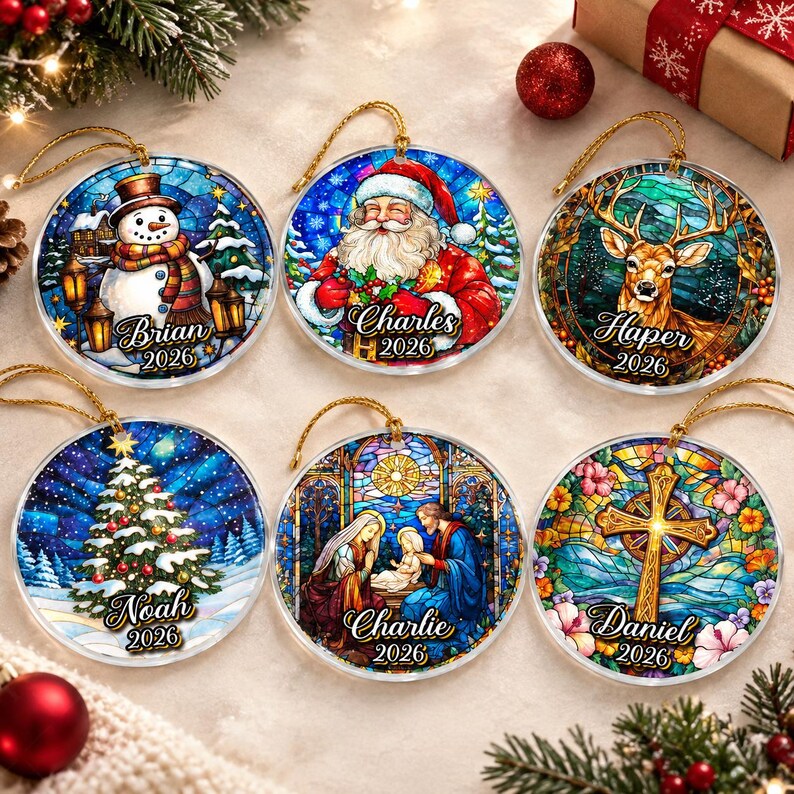 Stained Glass Style Kid Name & Year Ornament