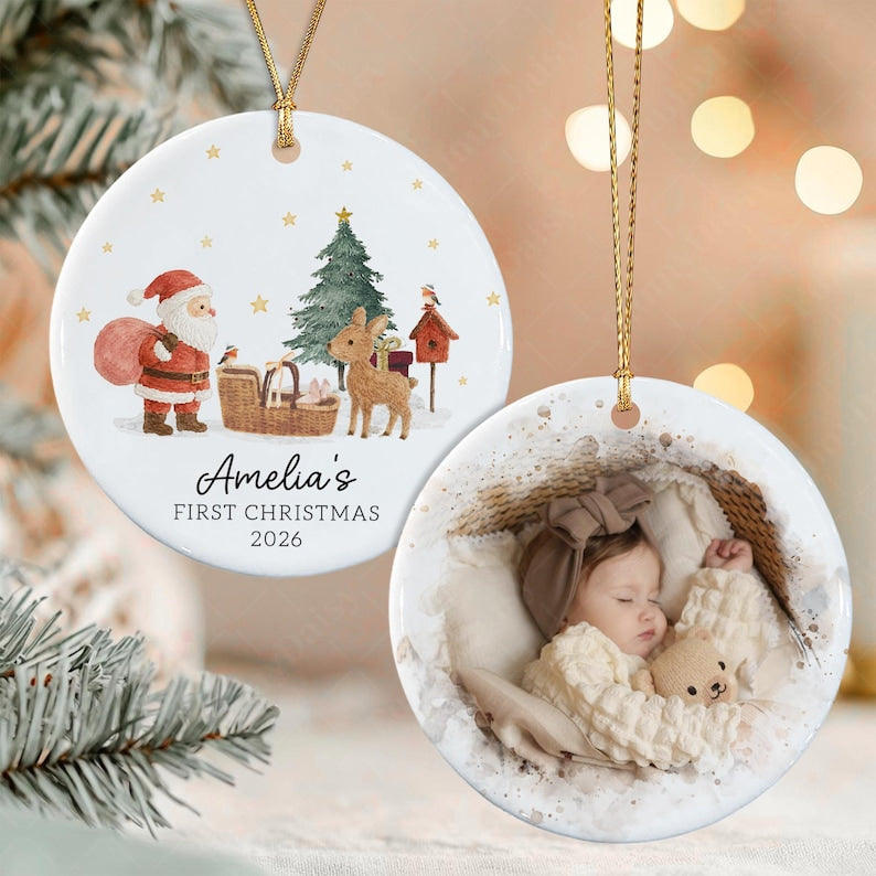 Santa Reindeer Baby Basket Photo Ornament