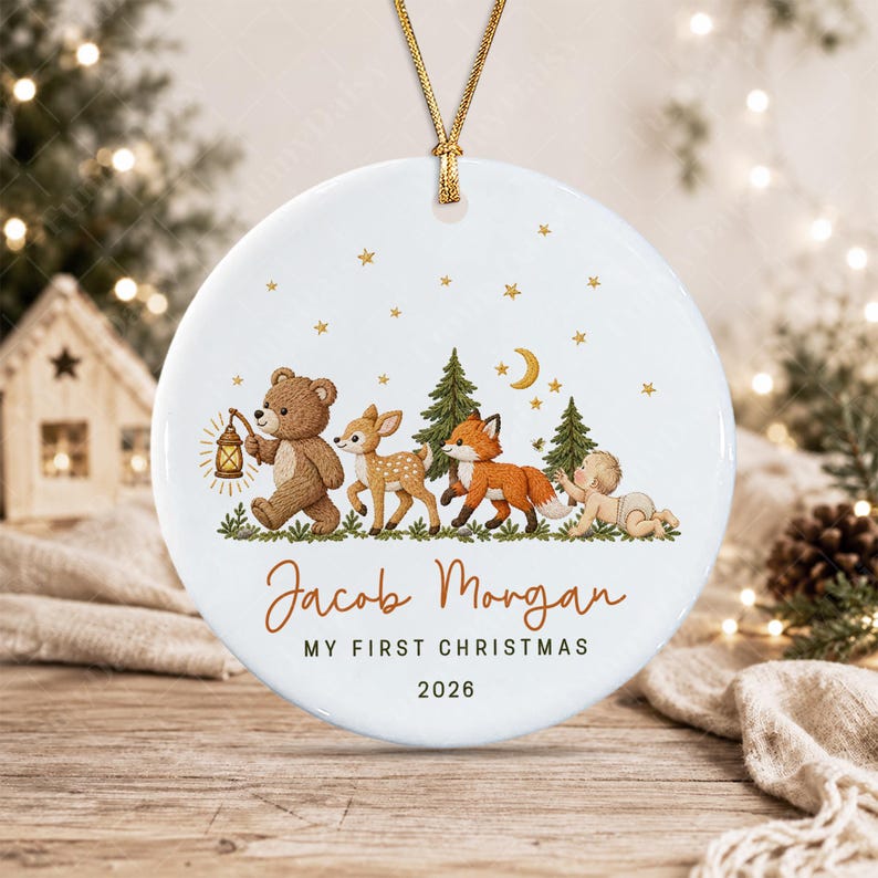 Baby Name Woodland Animal Ceramic Ornament
