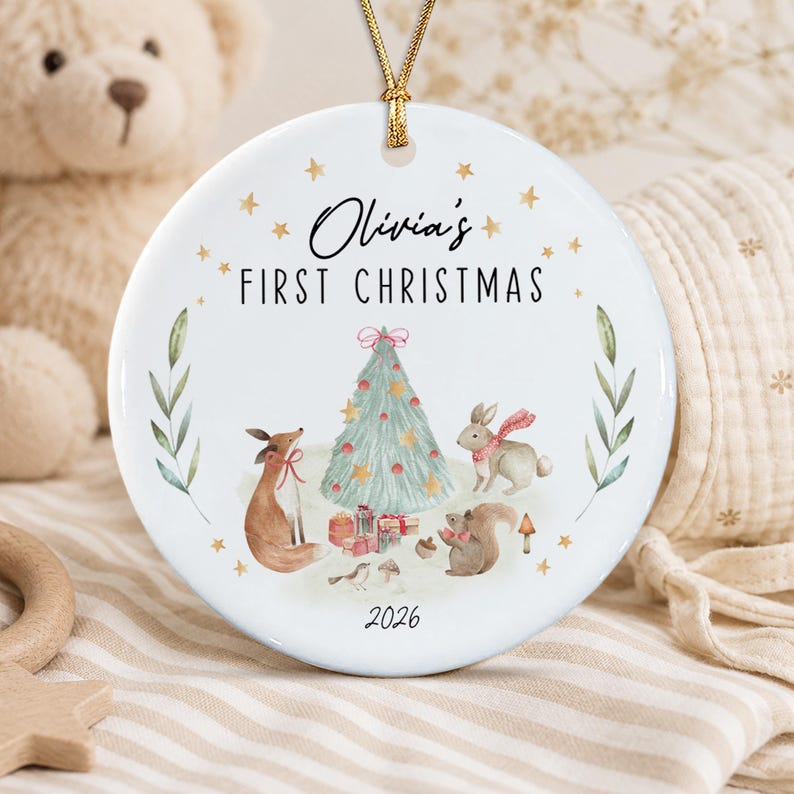 Woodland Animal Newborn Photo Name Ornament