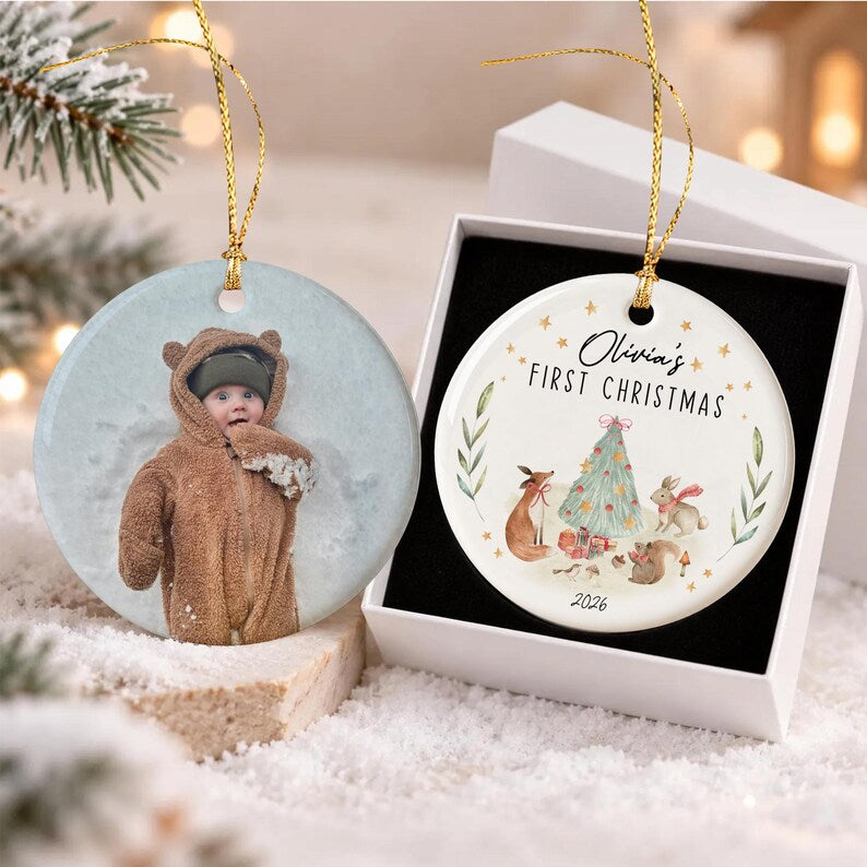 Woodland Animal Newborn Photo Name Ornament