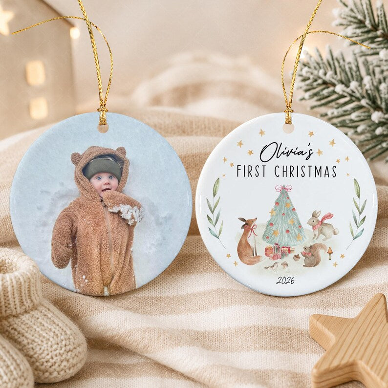 Woodland Animal Newborn Photo Name Ornament