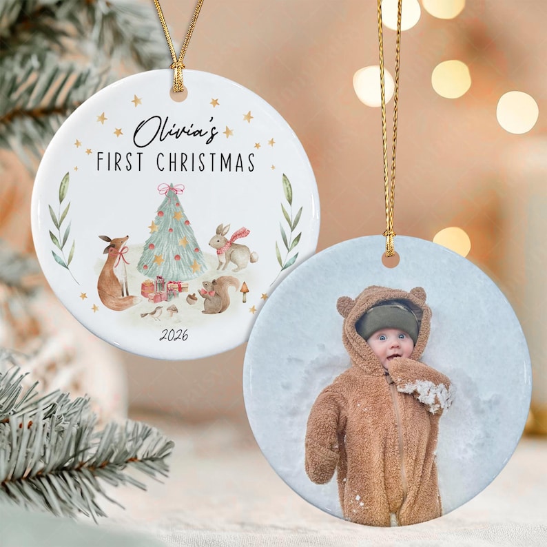 Woodland Animal Newborn Photo Name Ornament