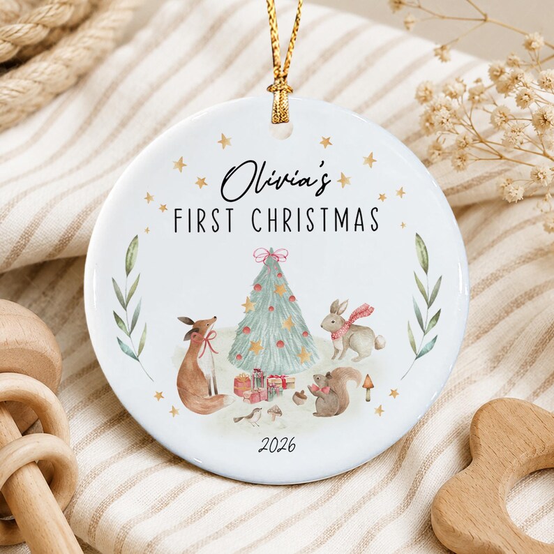 Woodland Animal Newborn Photo Name Ornament