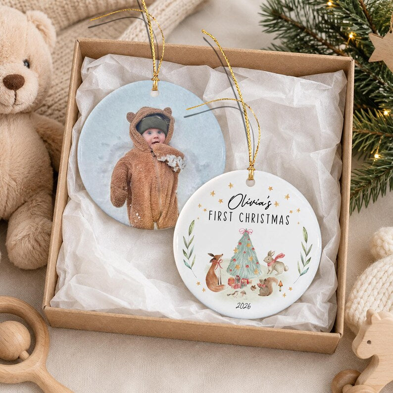 Woodland Animal Newborn Photo Name Ornament