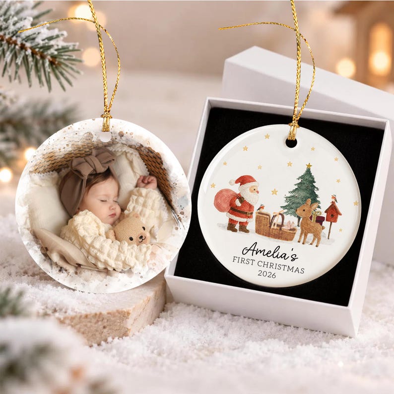 Santa Reindeer Baby Basket Photo Ornament