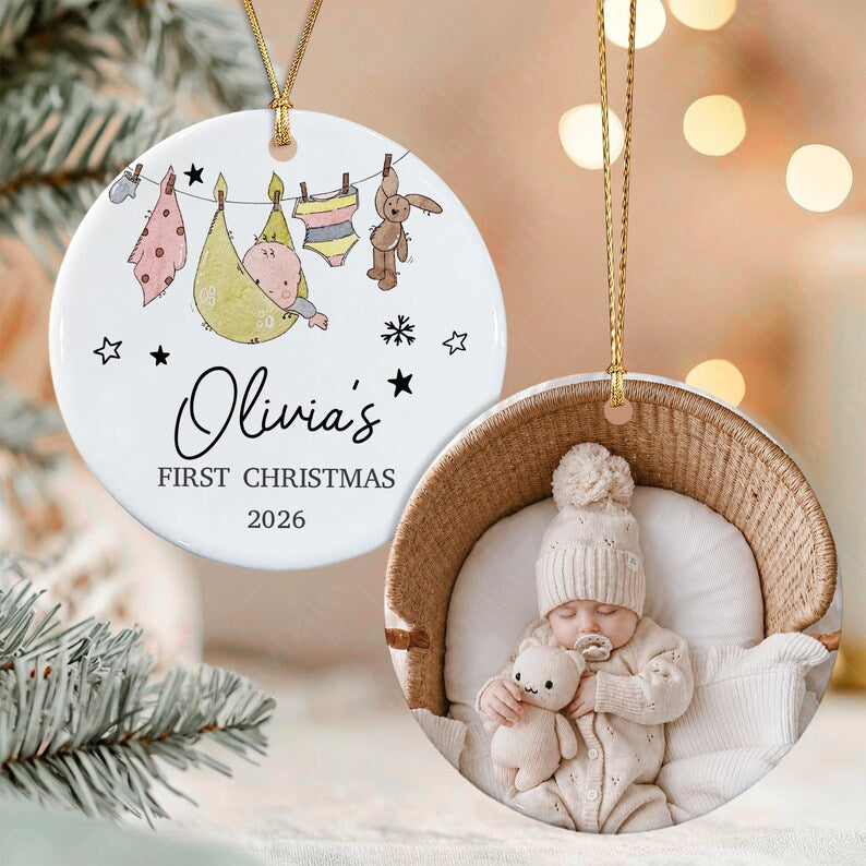 Baby Photo Watercolor Ceramic Ornament