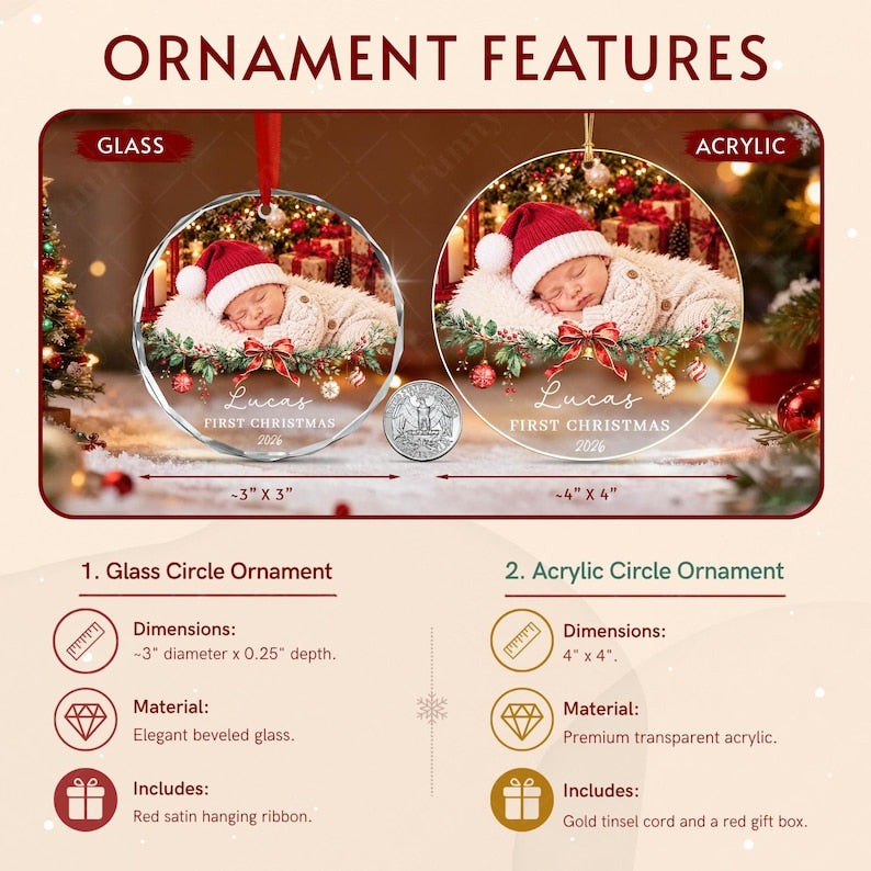Two circular Christmas ornaments featuring a sleeping baby in a red hat. The glass ornament is 3 inches by 3 inches, and the acrylic ornament is 4 inches by 4 inches.