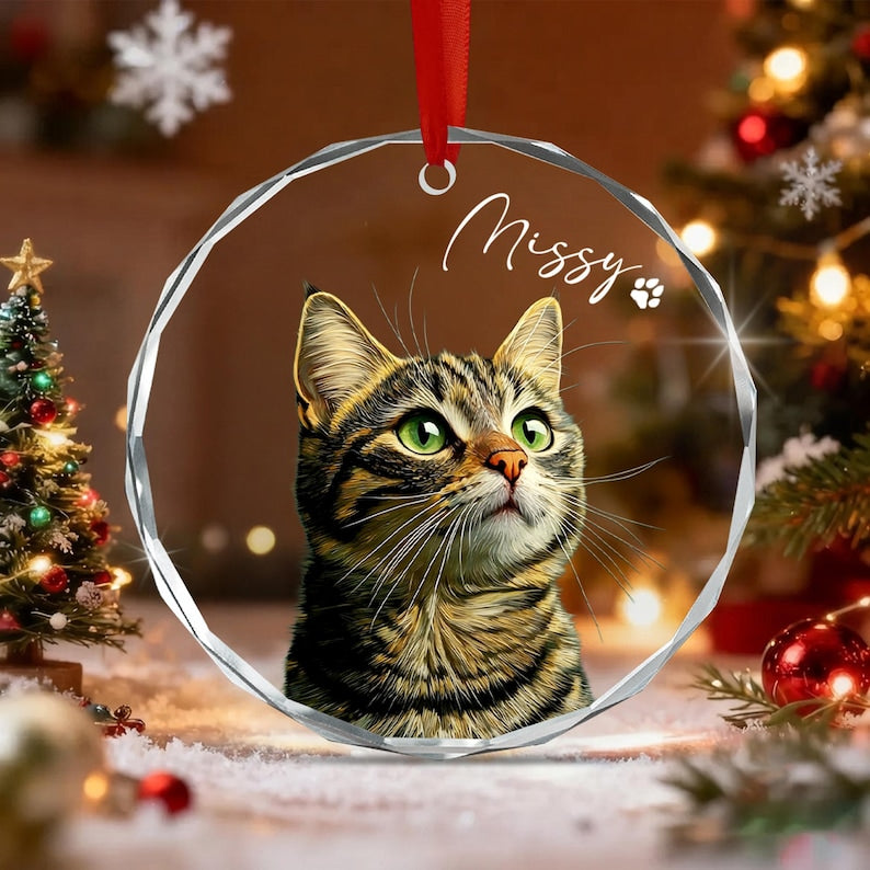 Cat Portrait Christmas Glass Ornament